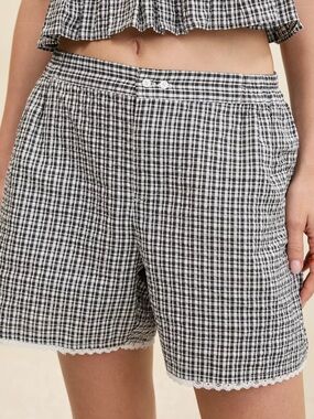 aerie Black & White Plaid Seersucker High-Rise Streetwear Boxer Shorts-S